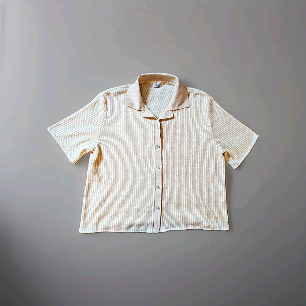 Linea Moda Women's L Beige Gold Rib Knit Button Up Short Sleeve Polo Top